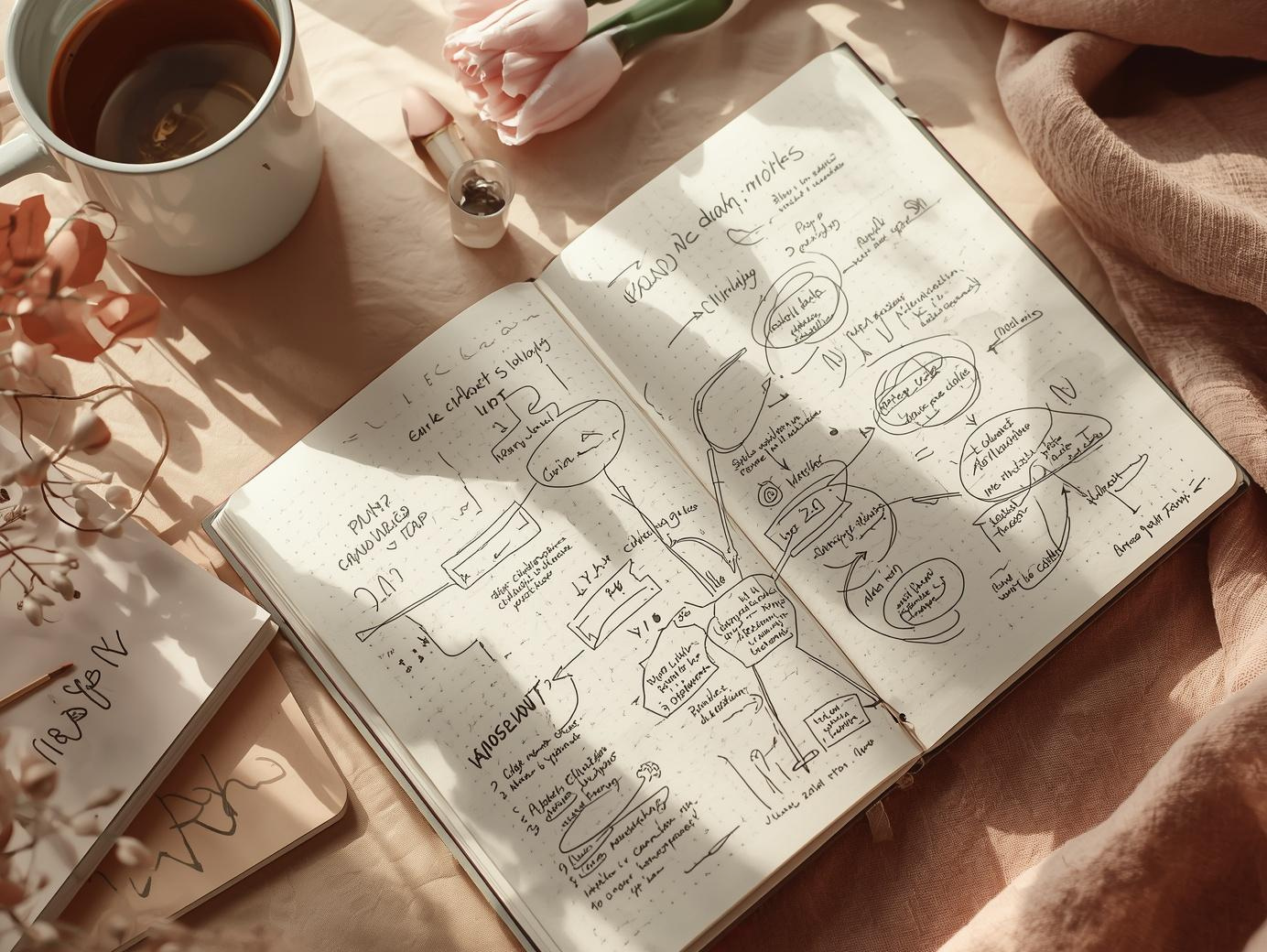 Handwritten mind mapping method in a paper notebook for creative note taking and brainstorming