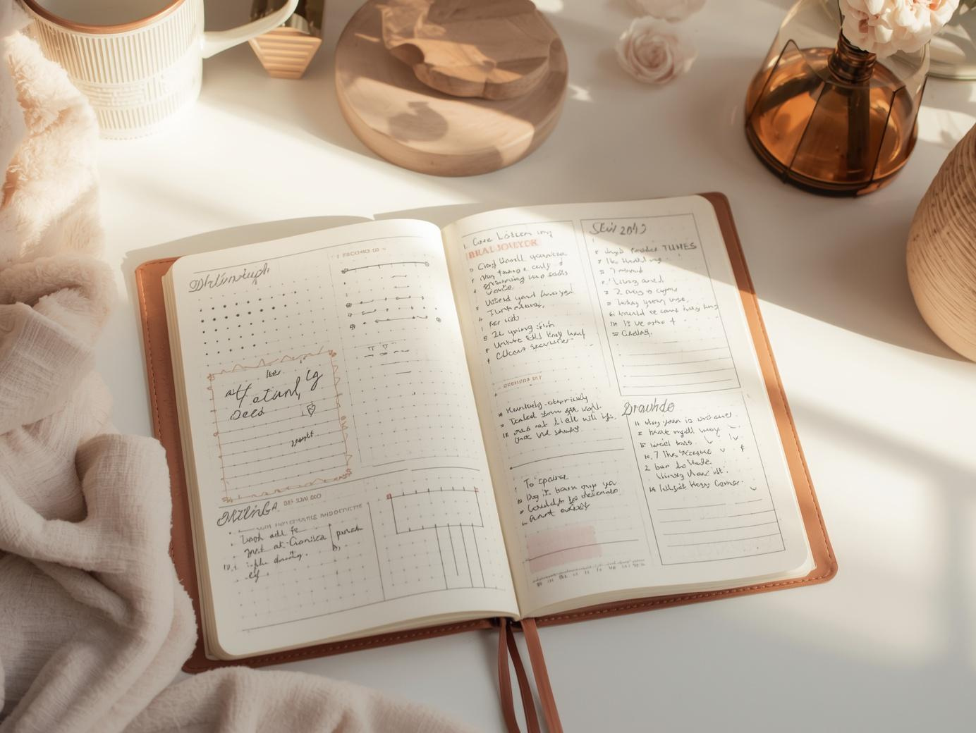 Bullet journal method in a dotted notebook for productivity, planning and note taking