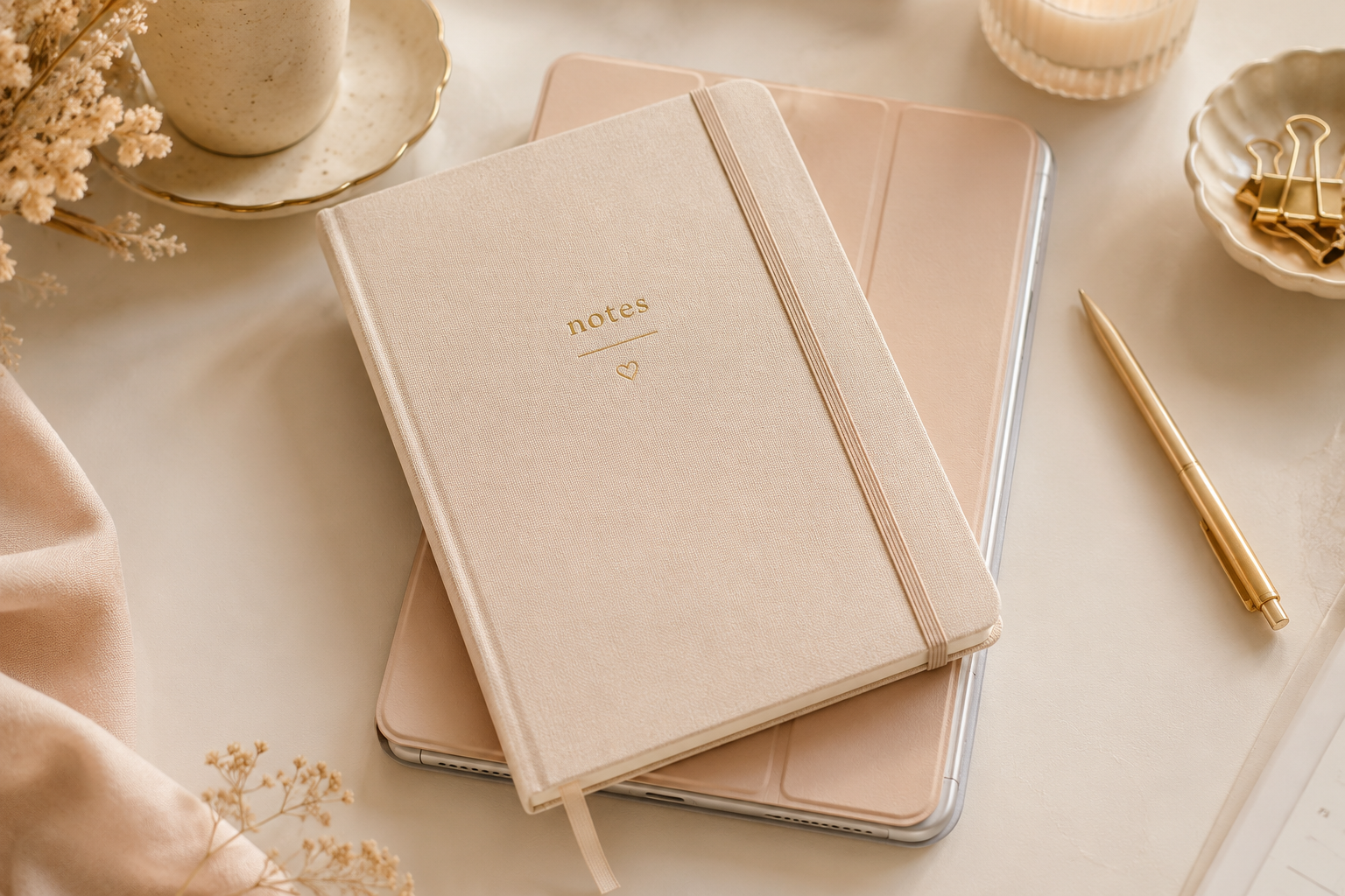 Closed tablet and paper notebook for digital vs paper note-taking and productivity planning