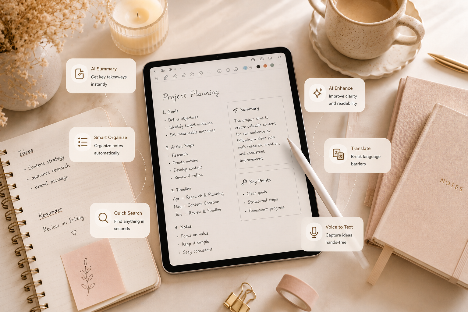 AI-powered digital note-taking workspace for productivity, planning and organization