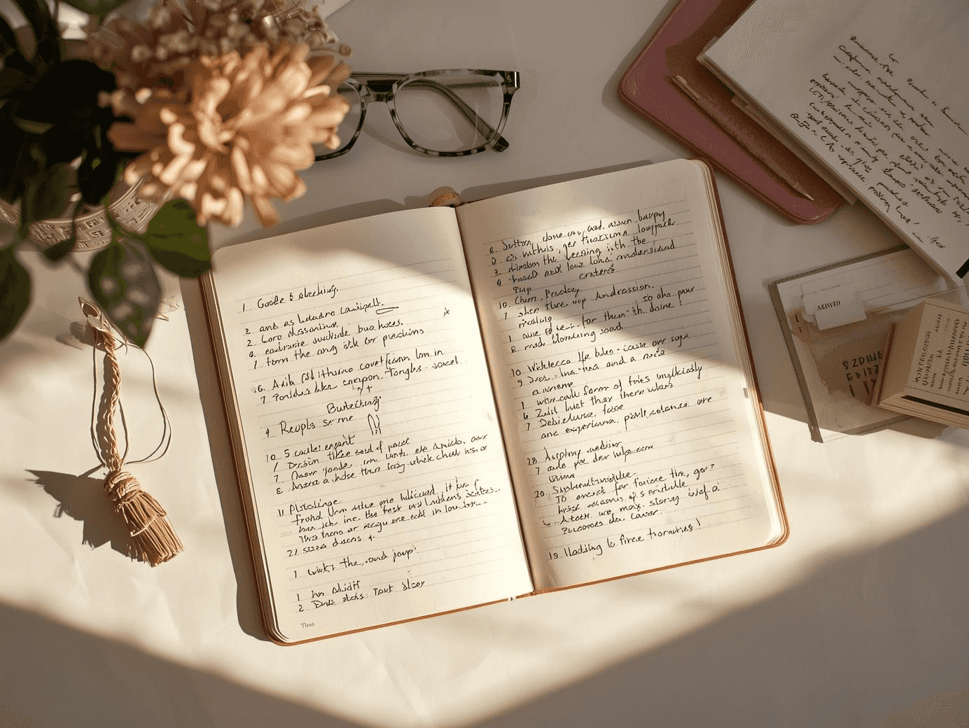 Handwritten outlining method notes in a paper notebook for organized studying and productivity