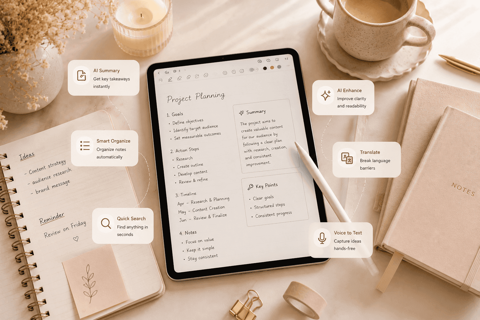 AI-powered digital note-taking workspace for productivity, planning and organization