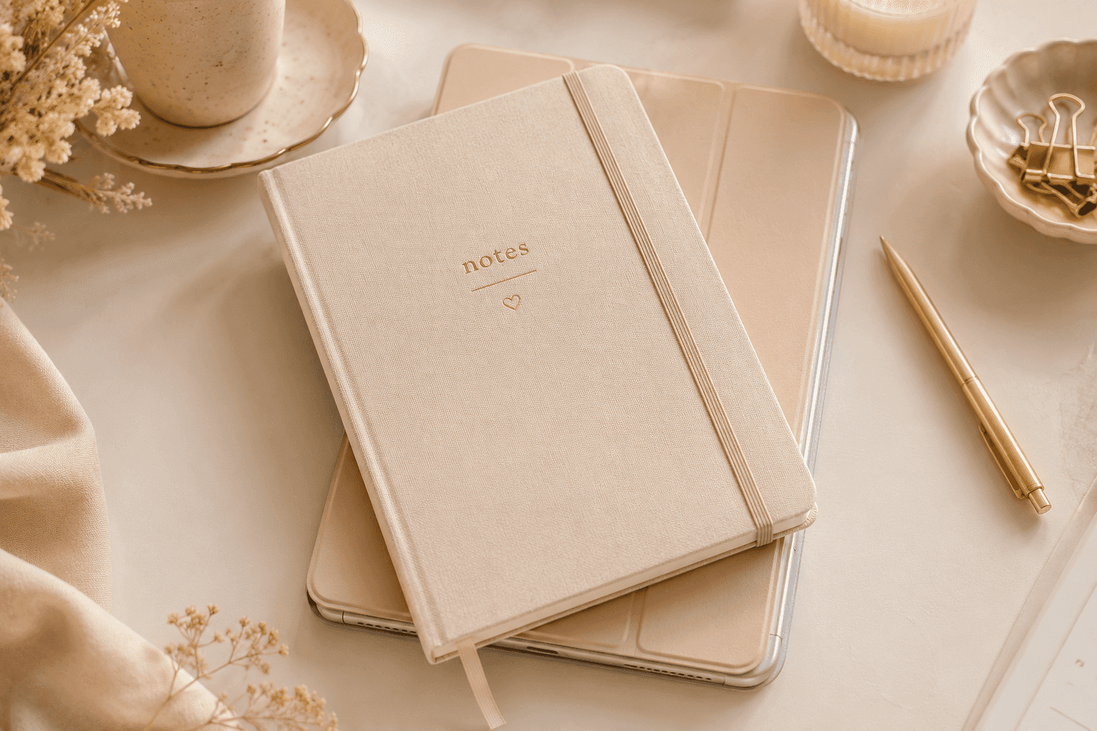 Closed tablet and paper notebook for digital vs paper note-taking and productivity planning