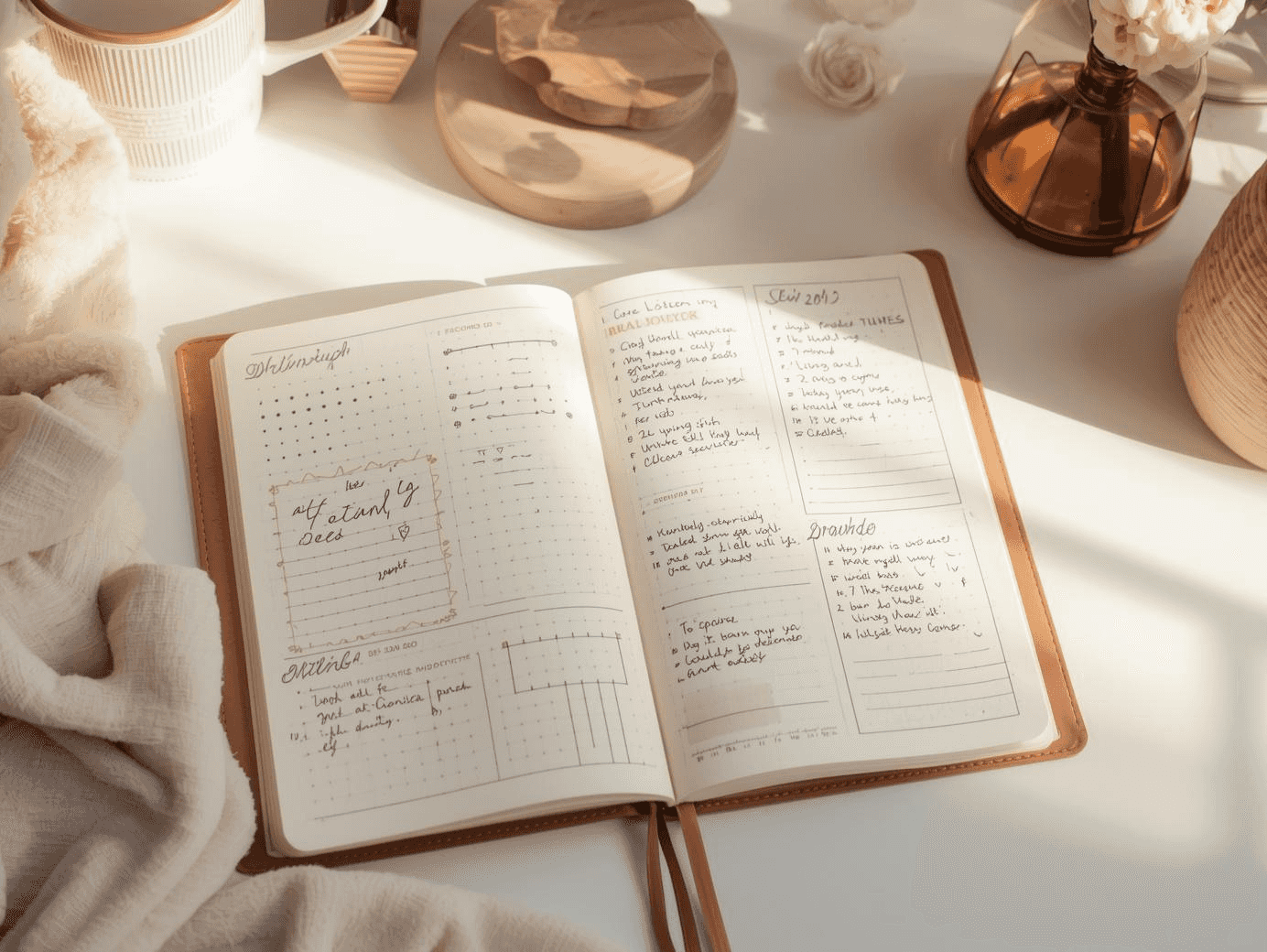 Bullet journal method in a dotted notebook for productivity, planning and note taking