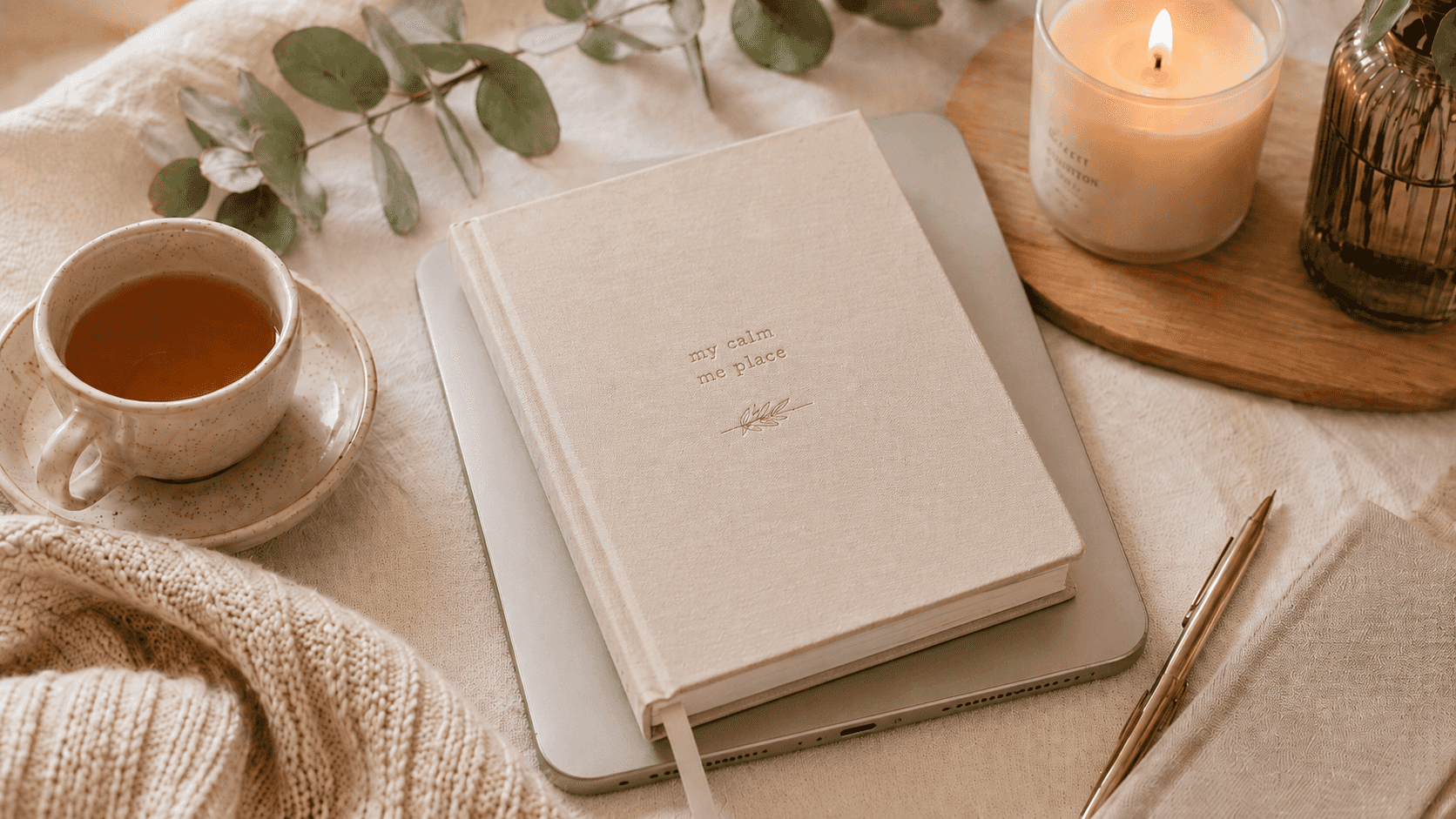 Calm self-care flatlay with iPad, notebook, tea, and candle for a fitness planner me place
