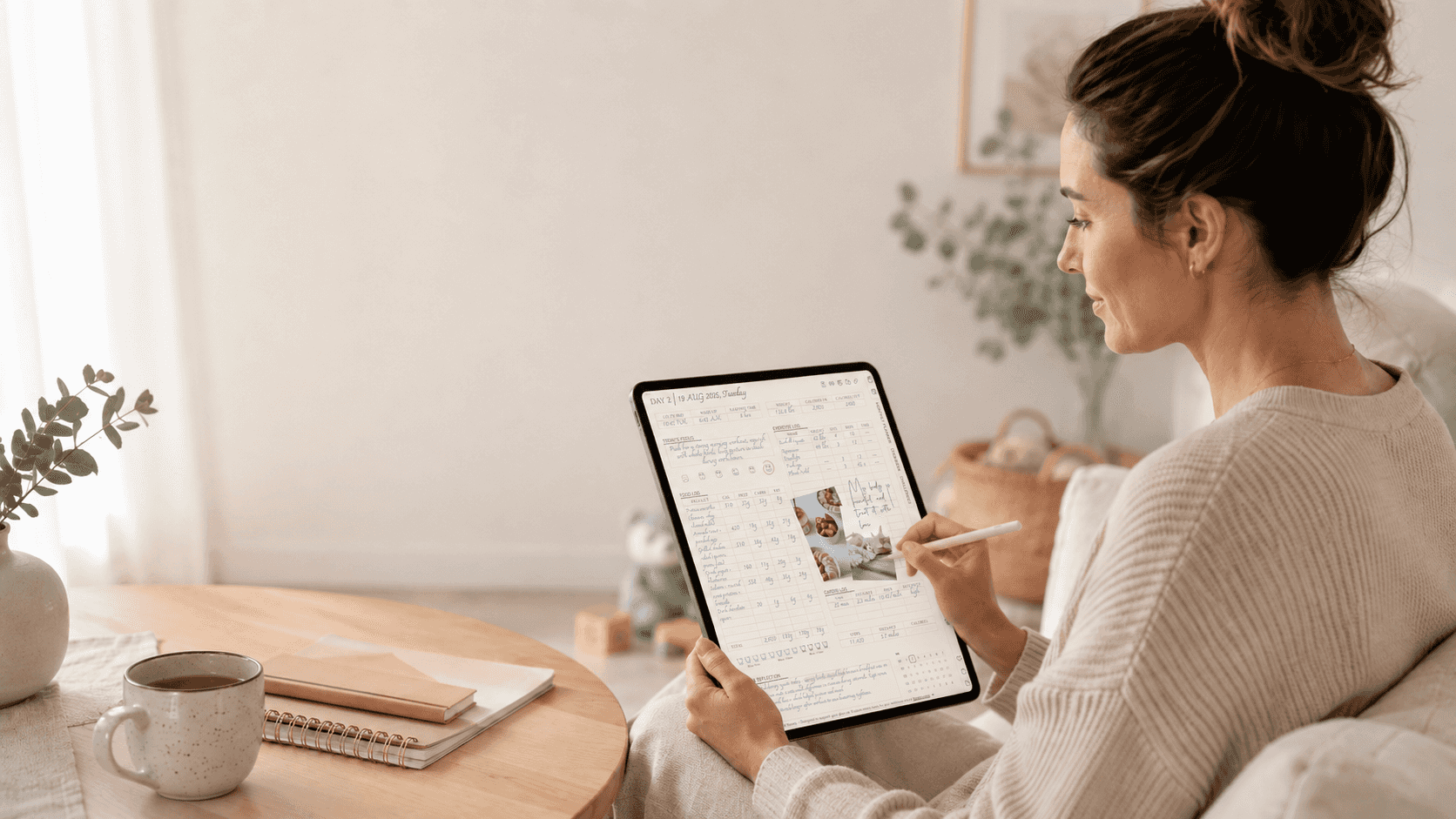 A busy mom using a digital wellness planner at home