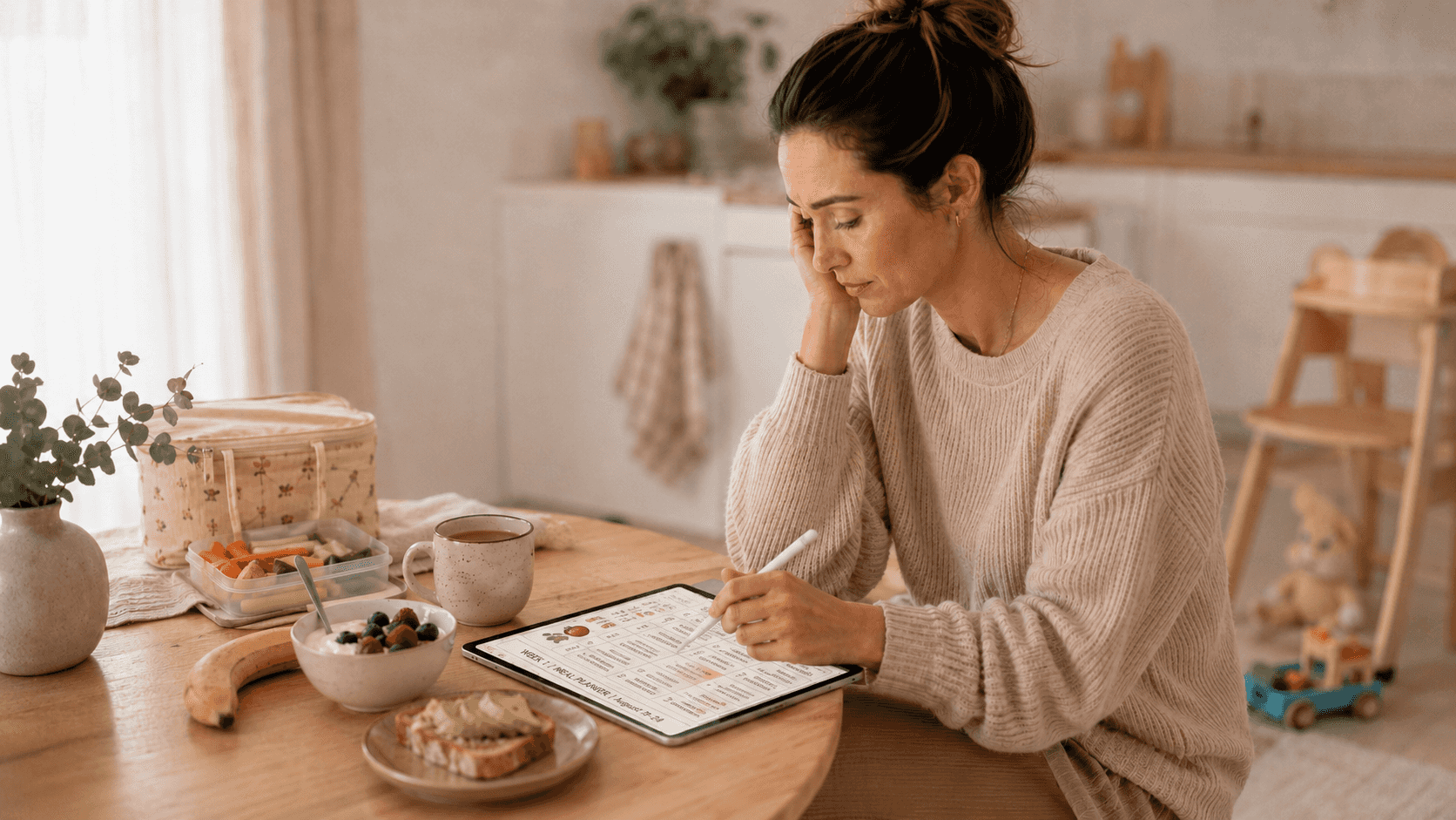 Busy mom taking a quiet moment to plan meals and care for herself with a digital planner